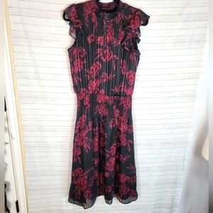 WHBM SLEEVELESS SMOCKED WAIST MIDI IN DAHLIA MAROON BLACK, SZ SMALL